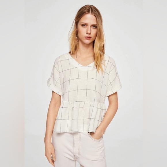 Mango Linen Blend White & Black Checkered Top Blouse w/ Open Tie Back and V neck - Picture 1 of 9